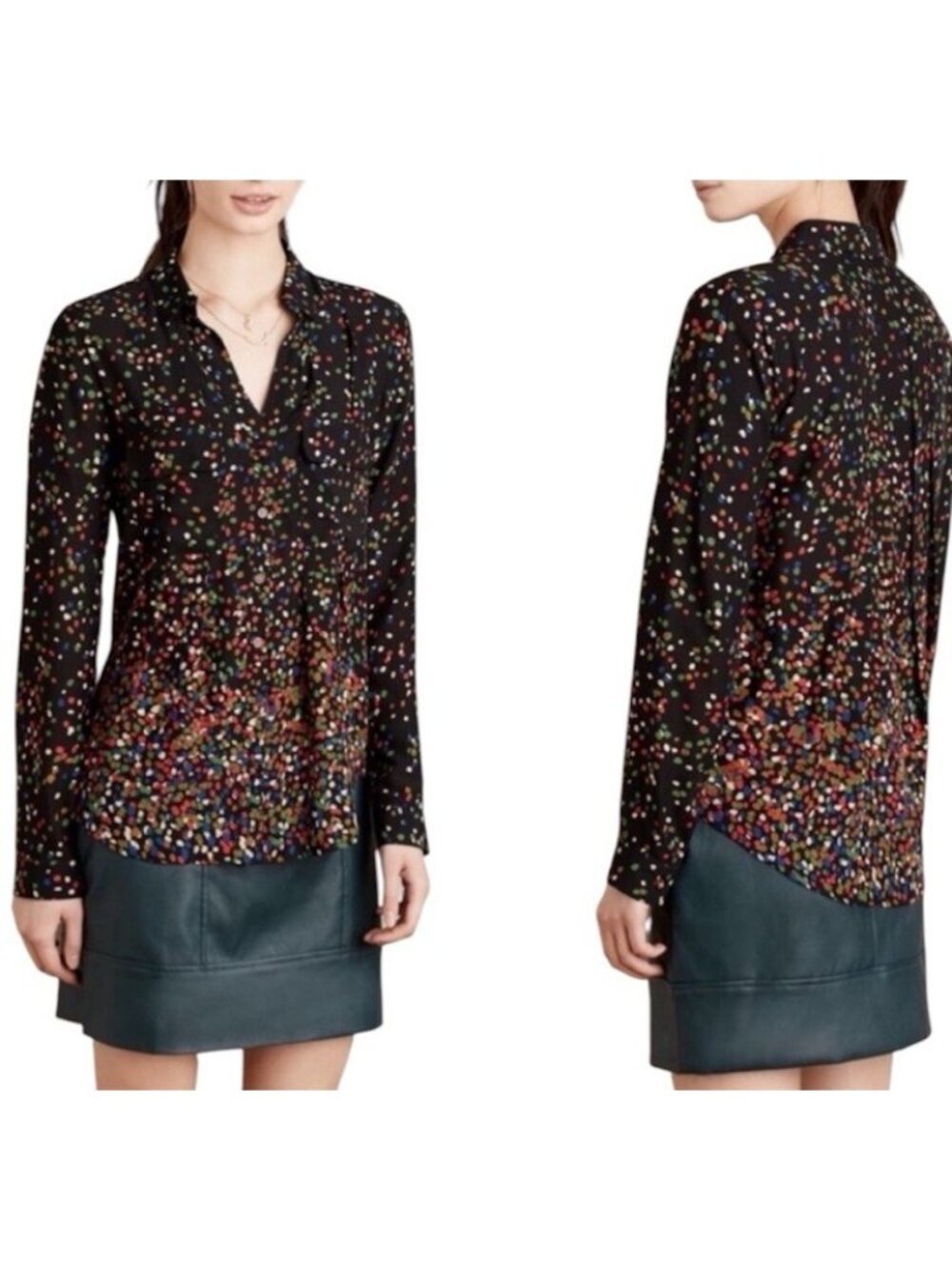 Anthropologie Maeve Wynwood Black Confetti Multicolor Pintuck Blouse Size 12